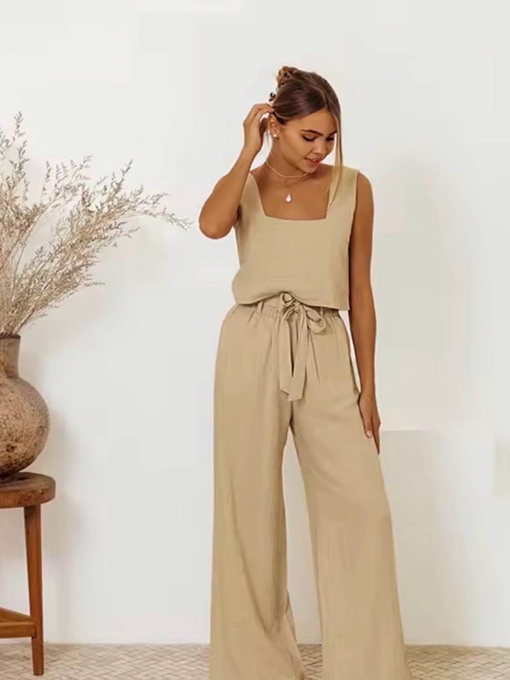 Women's Beige Linen Top and Pants Set
